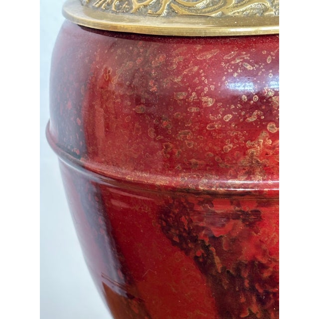 1980s Vintage Oxblood Red Brass Relief Lamp For Sale - Image 5 of 8