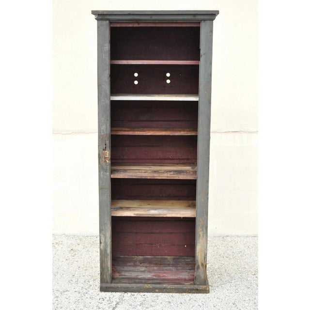 Antique American Primitive Blue/Green Distress Painted Bookcase Cupboard Cabinet. Item features solid wood construction,...