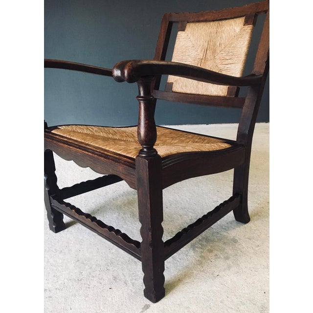 Brown Low Arts & Crafts Oak & Rush Armchair, Belgium 1920s For Sale - Image 8 of 18