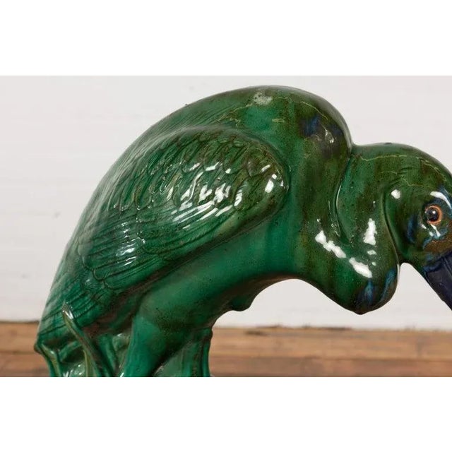 Mid 20th Century Vintage Lifesize Chinese Green & Blue Glazed Ceramic Heron Bird Sculpture For Sale - Image 5 of 13