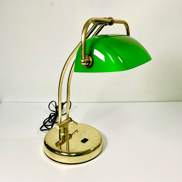 Metal 1970s Vintage Art Deco Arts & Crafts Emeraldite Bottle Green Glass Shade Brass Bankers Desk Lamp For Sale - Image 7 of 16