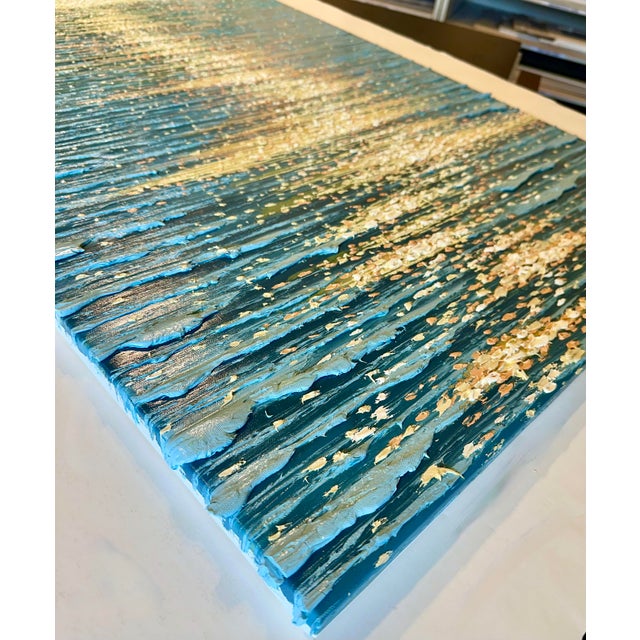 2020s Golden Hour Ocean Reflection | Original Contemporary Textured Oil Painting — By Samuel H. (24" X 36") | Custom Framed For Sale - Image 5 of 8