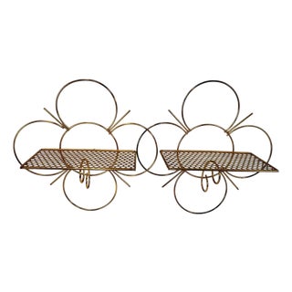 1950s Atomic Mid-Century Gold Wire Daisy Flower Wall Shelves, a Pair For Sale