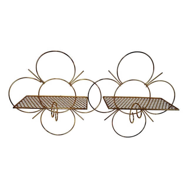 1950s Atomic Mid-Century Gold Wire Daisy Flower Wall Shelves, a Pair For Sale