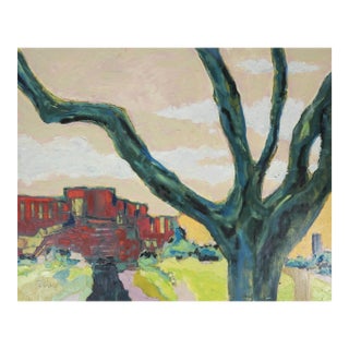 Contemporary Expressionist Red House Tree Landscape Painting For Sale