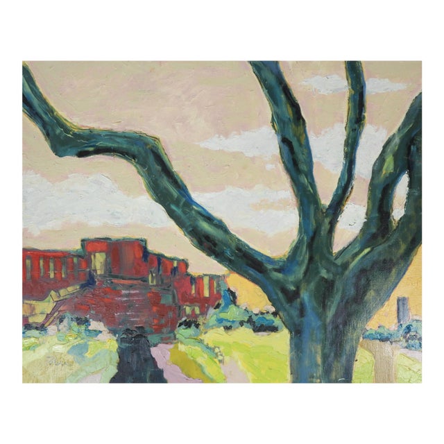 Contemporary Expressionist Red House Tree Landscape Painting For Sale