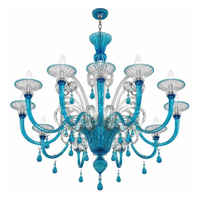 Turquoise and Crystal Murano Glass 12-Light Chandelier, 1980s For Sale - Image 6 of 6