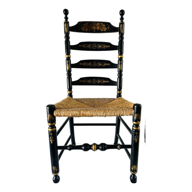 L. Hitchcock Rush Seat, Stenciled Ladder Back Dining Chair c.1980. For Sale