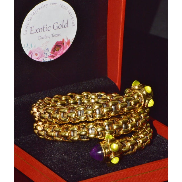 Rare Vintage Fope 18k Gold Double Wrap Twist Snake Bracelet With Amethyst & Peridot For Sale - Image 10 of 15