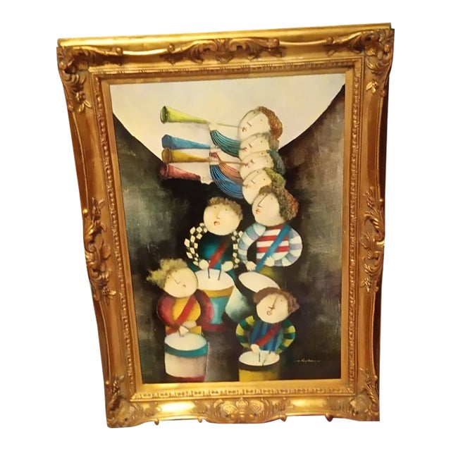 Mid 20th Century Joyce Roybal Original Oil Painting of Child Musicians, Ornate Gilt Frame For Sale