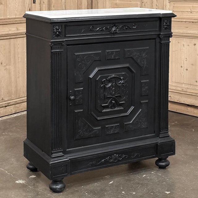 19th Century French Napoleon III Ebonized Neoclassical Cabinet With Carrara Marble For Sale - Image 4 of 18