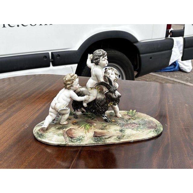 Porcelain Group of Nude Putti & the Goat Amalthea on Wooden Display Stand For Sale - Image 12 of 16