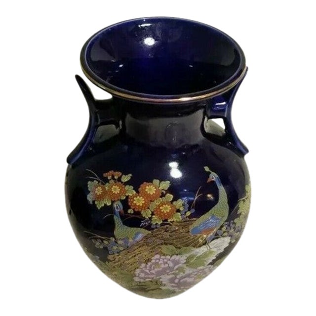 Vintage Cobalt Blue Peacock & Flower Double Handle Vase For Sale