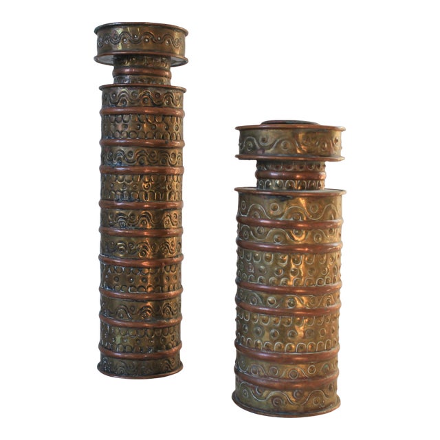 Vintage 1960s Gene Byron Mexican Pressed Tin, Brass and Copper Candle Holders - Set of 2 For Sale