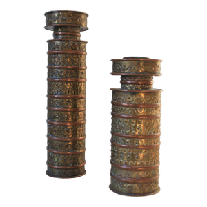 Vintage 1960s Gene Byron Mexican Pressed Tin, Brass and Copper Candle Holders - Set of 2