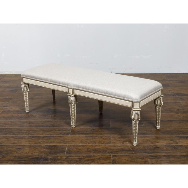 Mid 20th Century Italian Midcentury Painted Bench with Silver Foliage Carved Legs and Upholstery For Sale - Image 5 of 11