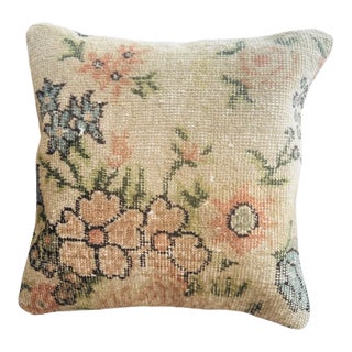 Vintage Turkish Rug Pillow Cover, Handwoven Wool Isparta Floral Cushion, Romantic Peach Sage Dusty Blue Boho Pillow, 16x16 In For Sale