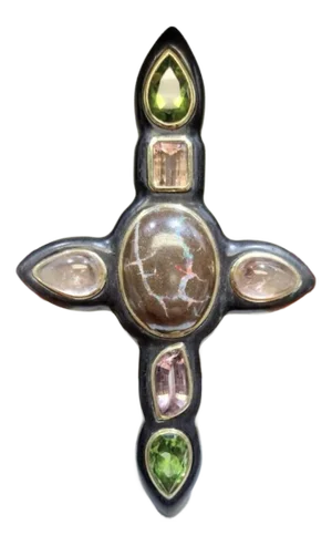 Ebony Cross W/ Boulder Opal, Pear-Shaped Peridots, Pear Shaped Cabochons, Fancy Cut Pink Tourmaline, Peach Tourmaline, 18k Yellow Gold.