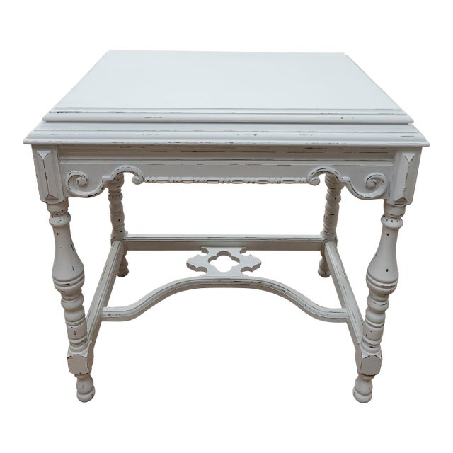 Early 20th Century Hardwood Jacobean Console Table With White Distressed Painted Finish For Sale