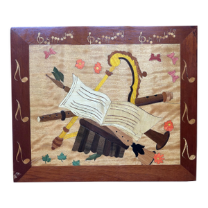 Vintage Handmade Inlaid Wood Plaque Abstract Instrumental Music Theme