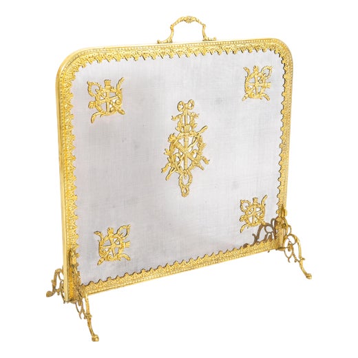 Antique Empire Revival Classical Trophies Gilt Bronze Fire Screen, 1800s For Sale