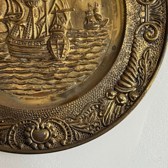 1960s Vintage Nautical Hammered Brass Repousse Wall Hanging Plate For Sale - Image 5 of 8