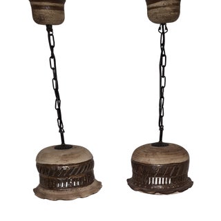 Handmade Rustic Vintage Ceiling Lamps from the 1970s Made of Beige-Brown Ceramic on a Black Iron Chain, Set of 2 For Sale