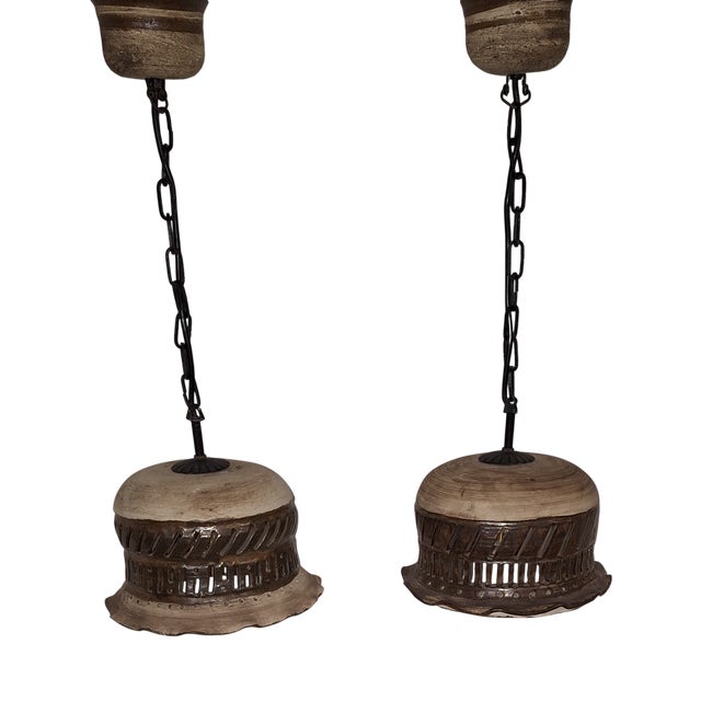 Handmade Rustic Vintage Ceiling Lamps from the 1970s Made of Beige-Brown Ceramic on a Black Iron Chain, Set of 2 For Sale