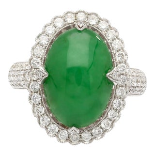 Vintage 7.29 Carat Jadeite Jade "A" Ring with Round Diamond Halo & 18K Milgrain, Size 6 For Sale