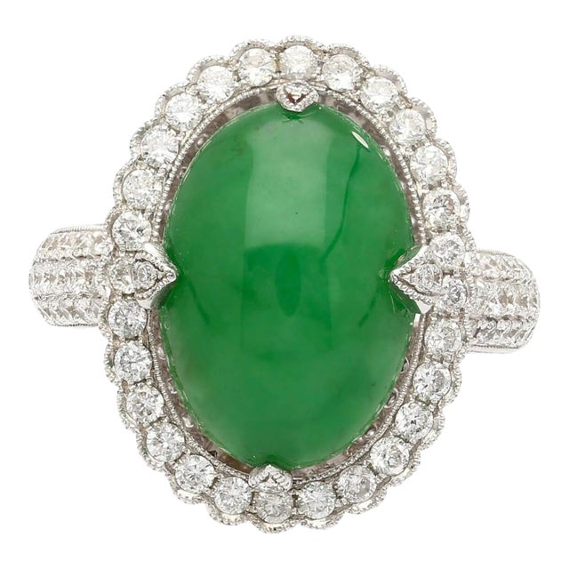 Vintage 7.29 Carat Jadeite Jade "A" Ring with Round Diamond Halo & 18K Milgrain, Size 6 For Sale