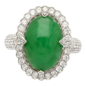 Vintage 7.29 Carat Jadeite Jade "A" Ring with Round Diamond Halo & 18K Milgrain, Size 6