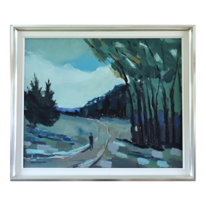 Mid-Century Modern 'The Long Turn Home' Vintage Swedish Expressive Landscape Oil Painting, Framed