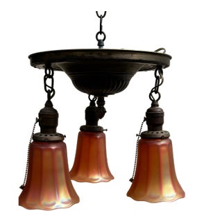 Vintage Brass Flush Mount Fixture With Three Nuart Shades For Sale