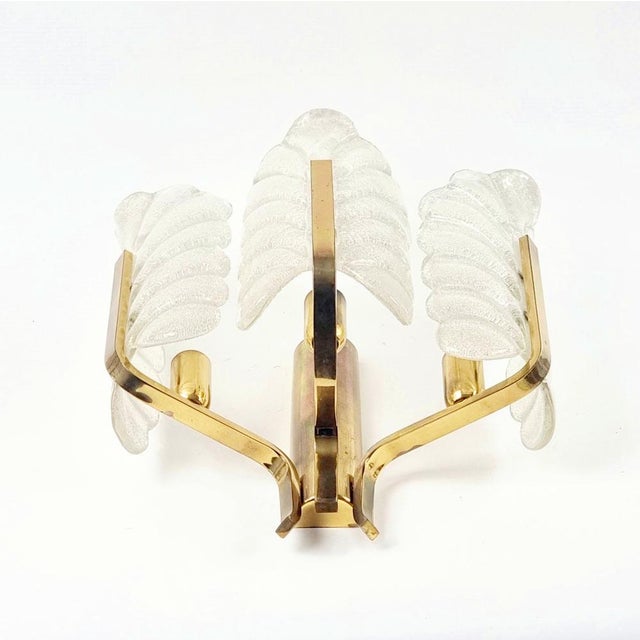 Metal Large Scandinavian Glass & Brass Leaf Wall Light attributed to Carl Fagerlund for Orrefors, 1960s For Sale - Image 7 of 11