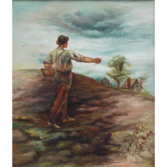 Naturalistic Pastoral Figurative Farm Painting of a Man Sowing Seeds in a Field, Late 19th Century For Sale - Image 10 of 12
