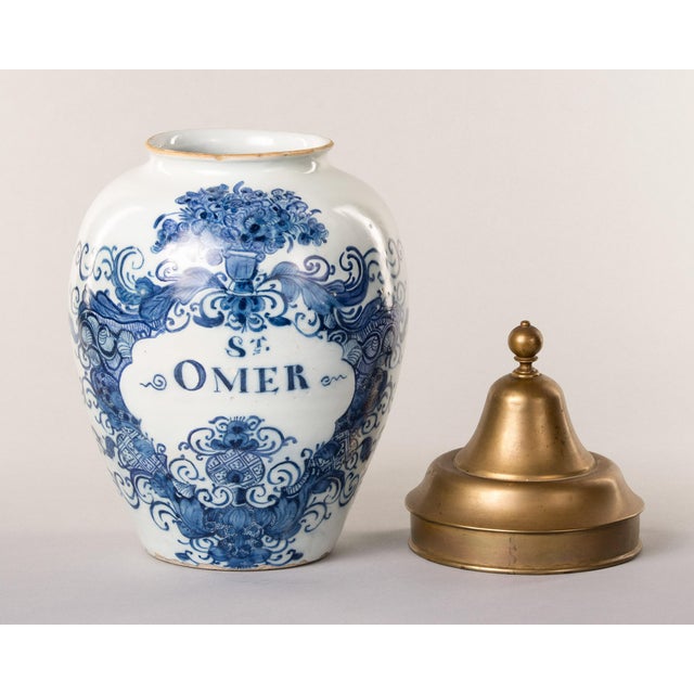Dutch Delftware Blue & White Tobacco Jar, "St. Omer," With Brass Lid, Early 19th Century For Sale - Image 9 of 9