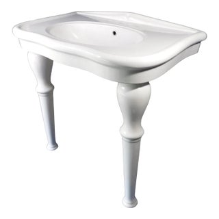 Large 36" Wide White Porcelain Console Sink With Porcelain Legs For Sale