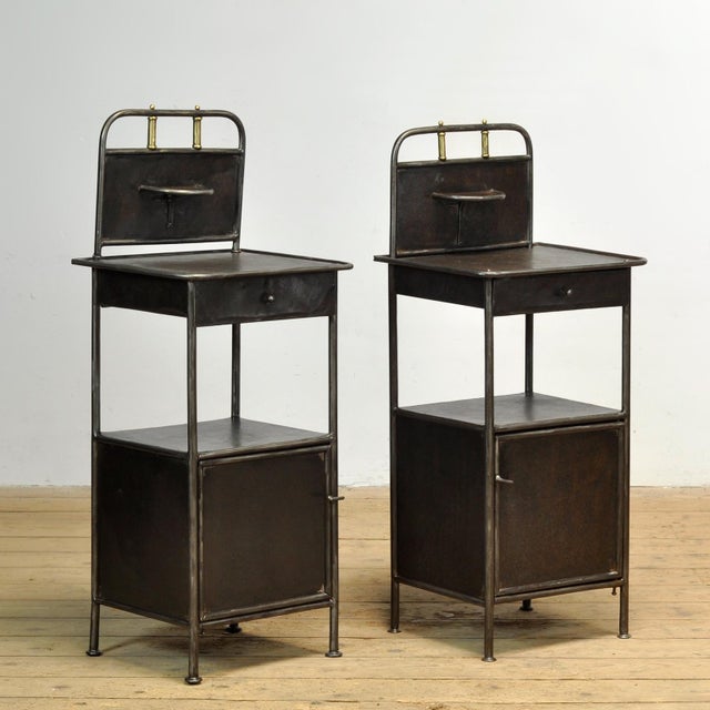 Set of iron nightstands from circa 1910. The set has been completely stripped of old paint, polished, and treated against...