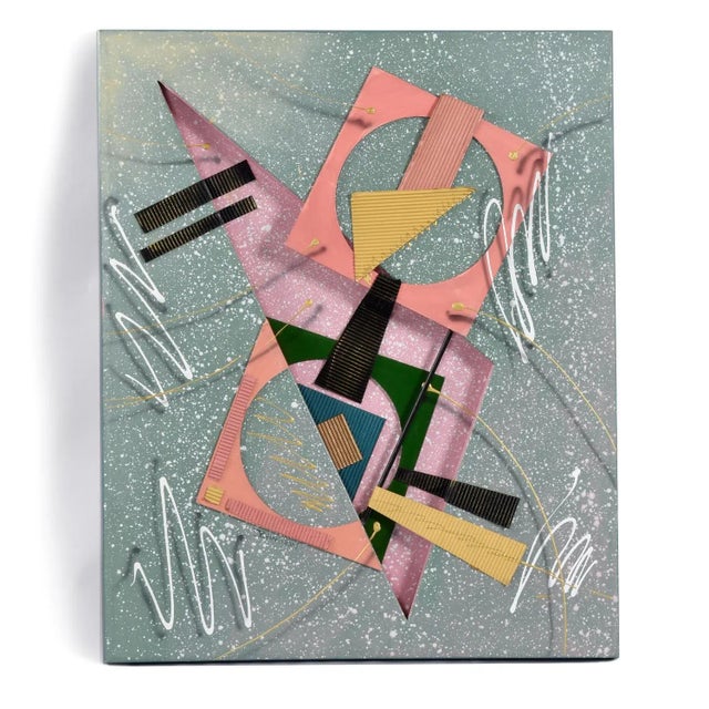 Abstract Vintage 1980s Memphis Style 3d Abstract Geometric Mixed Media Combine Painting For Sale - Image 3 of 10