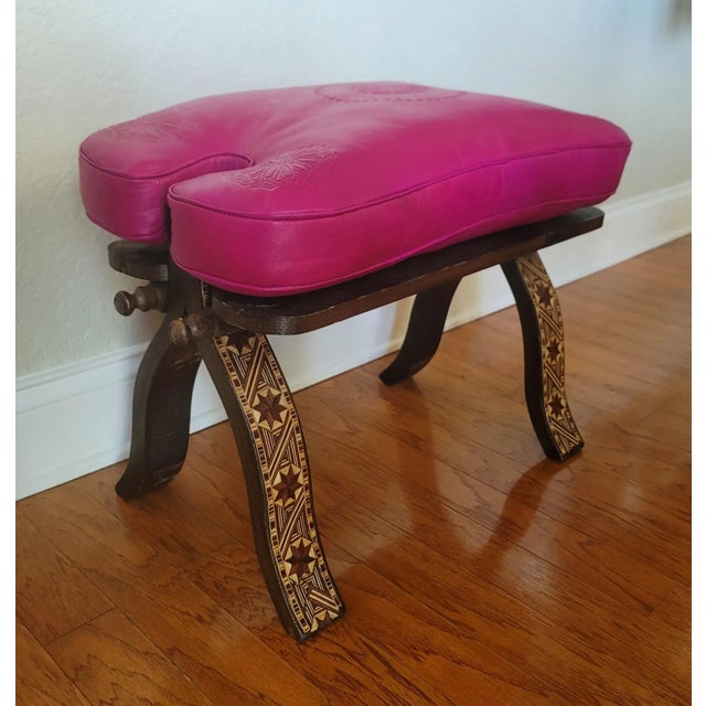 Handcrafted Moroccan Camel Saddle, Genuine Leather Cushion Stool / Pink For Sale - Image 10 of 10