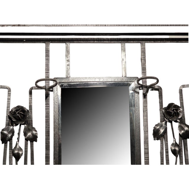 1920s 1920s Original French Art Deco Hammered Iron Halltree, Coat Rack W/ Mirror, Shelf, Rose Trellis For Sale - Image 5 of 18