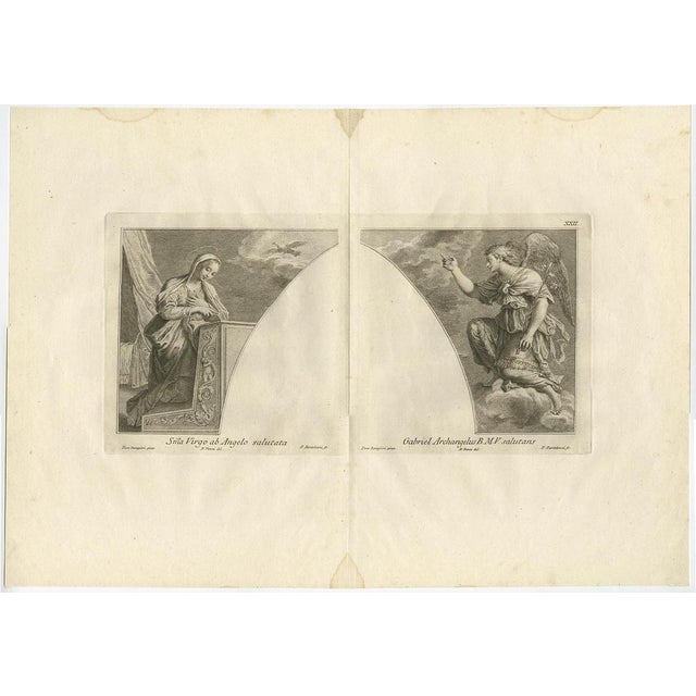 Antique print titled 'sma virgo ab angelo salutes; gabriel the archangel b. M. V. Salutans'. Scarce plate showing the holy...