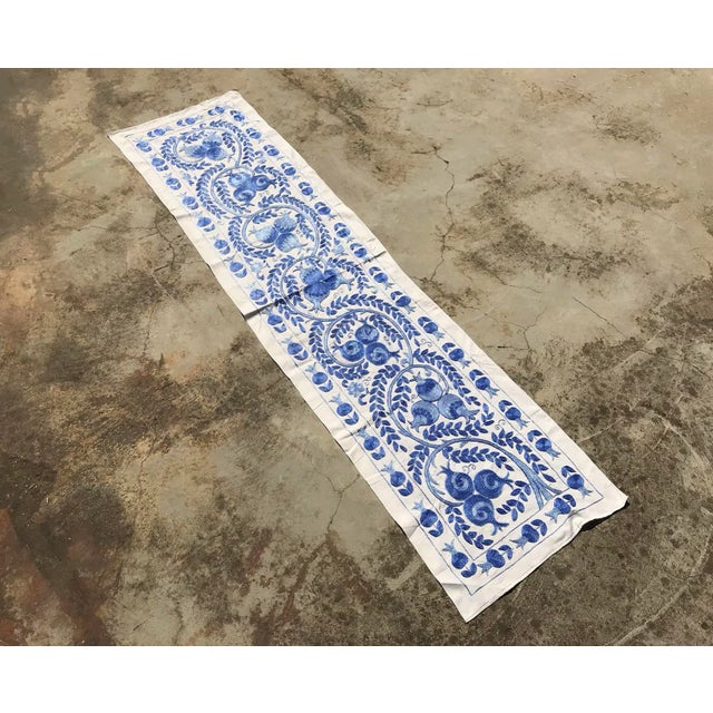 Art Deco Art Deco Suzani Handmade Blue Crochet Table Runner For Sale - Image 3 of 9