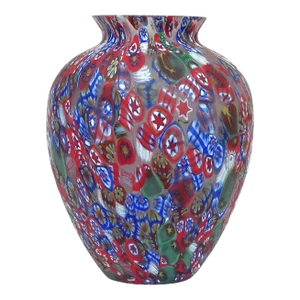 Murano Vintage Millefiori Flowers Stars Red Blue White Mosaic Italian Art Glass Flower Vase
