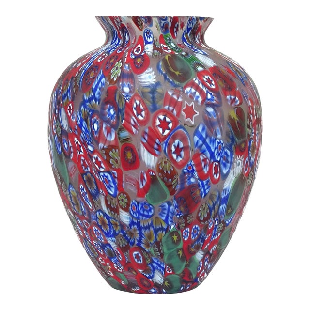 Vintage Murano Millefiori Flowers Stars Red Blue White Mosaic Italian Art Glass Flower Vase For Sale