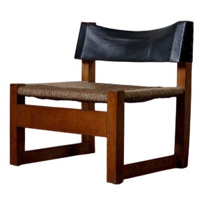 Vintage Dutch Low Chair with Rush Seating, 1960s For Sale