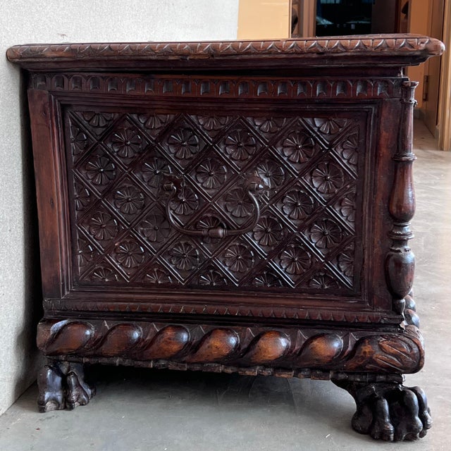 Mid 20th Century 17th Century Italian Carved Cassone Trunk with Original Hardware For Sale - Image 5 of 18