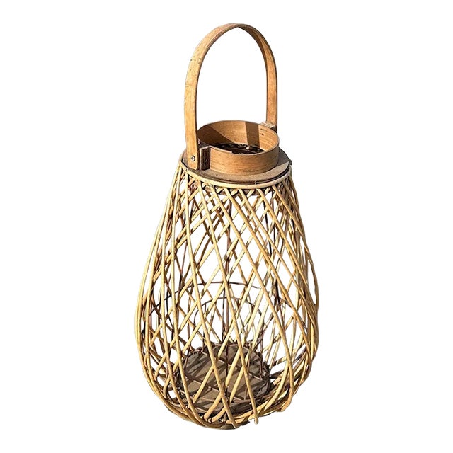 Farmhouse Wood/Wicker Lantern For Sale