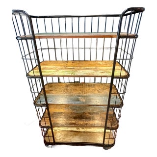 Industrial-Style Five-Tier Rolling Étagère With Distressed Multicolor Wood Shelves For Sale