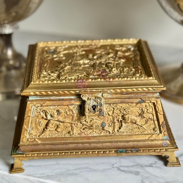French Vintage or Antique Patinated Gilt Bronze Jewelry Casket or Dresser Box 8.5"x7.5"x4.25" For Sale - Image 3 of 12